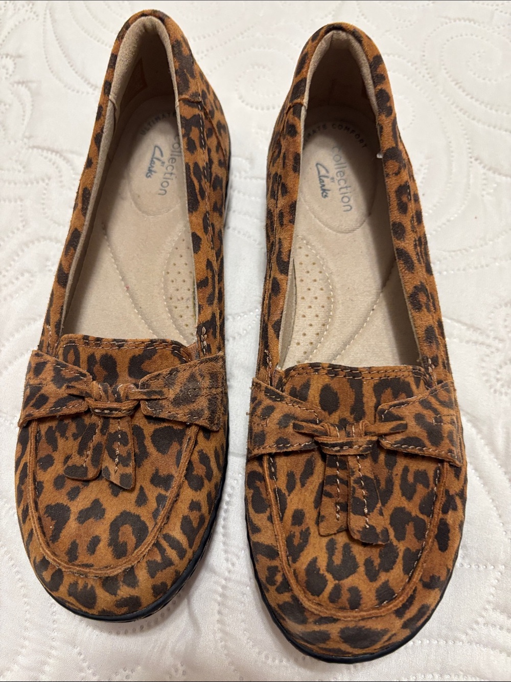 Clarks Leopard Print Suede Loafers in Brown and Black